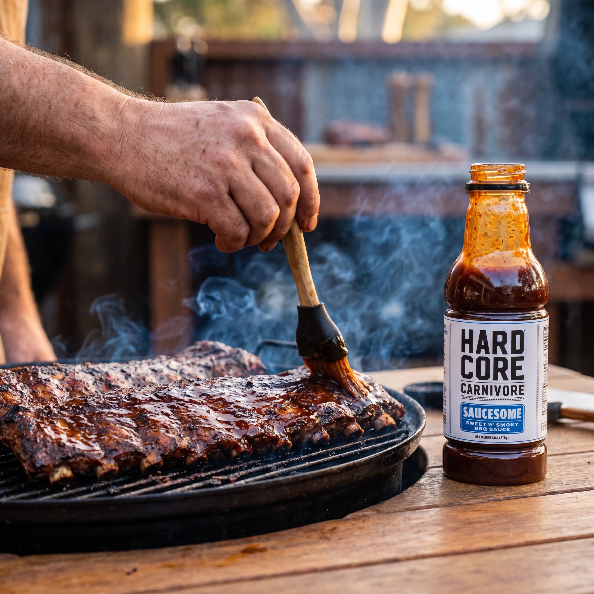 Hardcore Carnivore Saucesome BBQ Sauce — basting ribs on the grill with the sauce