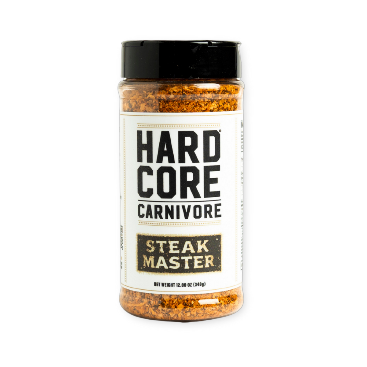 Hardcore Carnivore Steak Master Seasoning 391g shaker, front of pack on transparent background