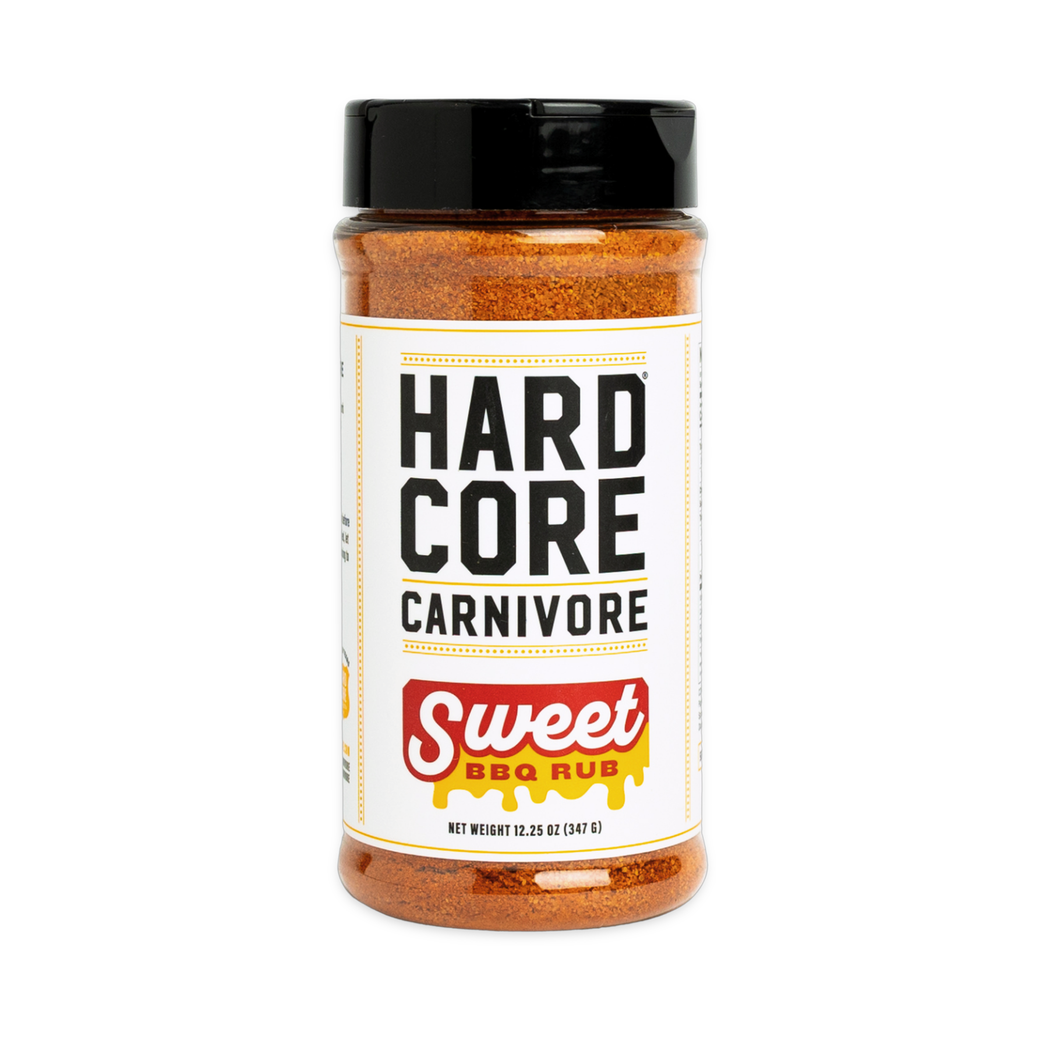 Hardcore Carnivore Sweet BBQ rub 347g shaker, front of pack on transparent background