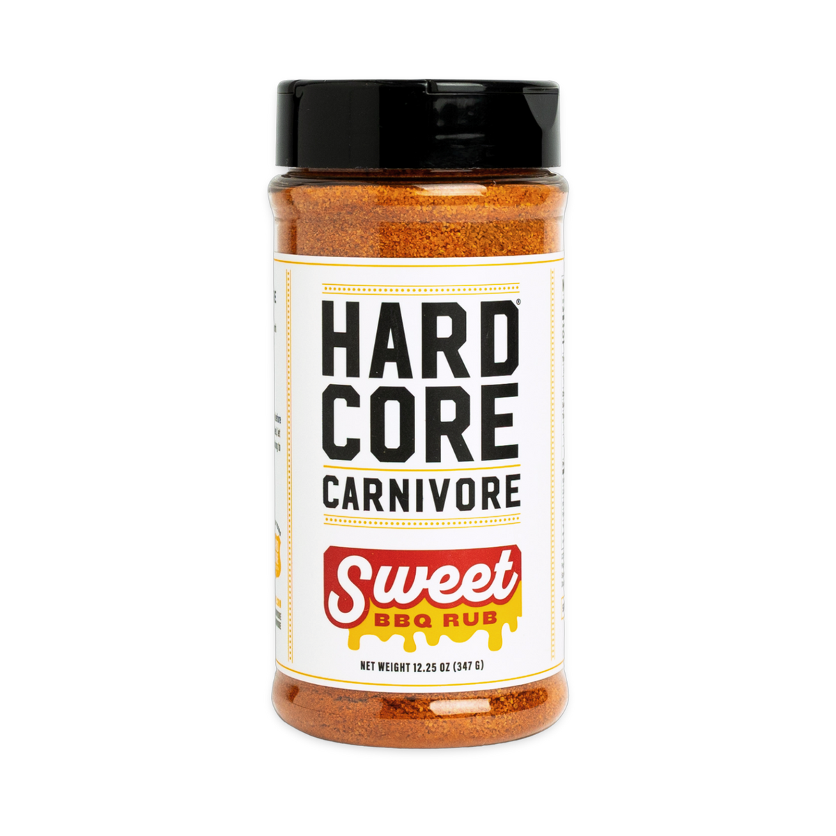 Hardcore Carnivore Sweet BBQ rub 347g shaker, front of pack on transparent background