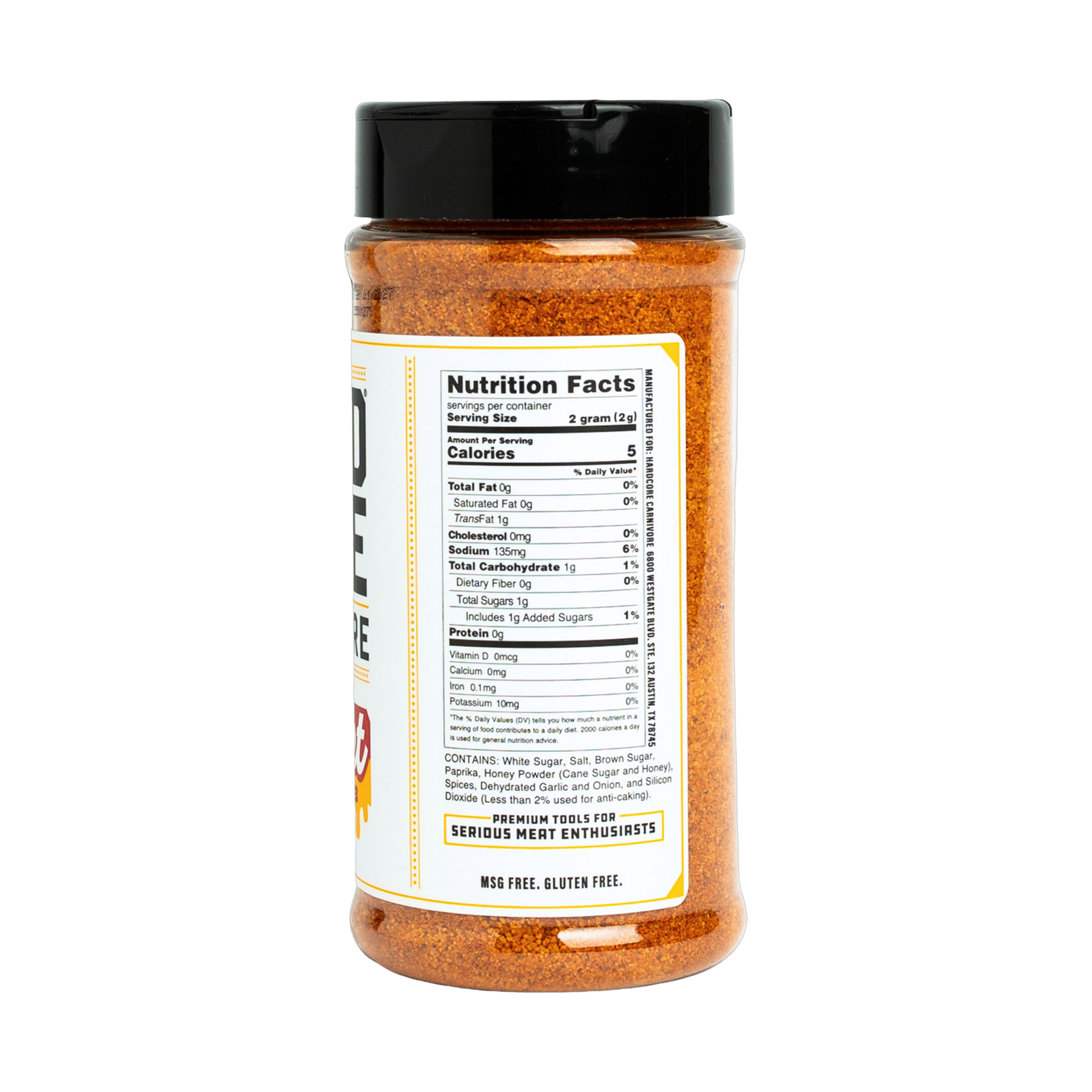 Hardcore Carnivore Sweet BBQ rub, ingredients side of pack