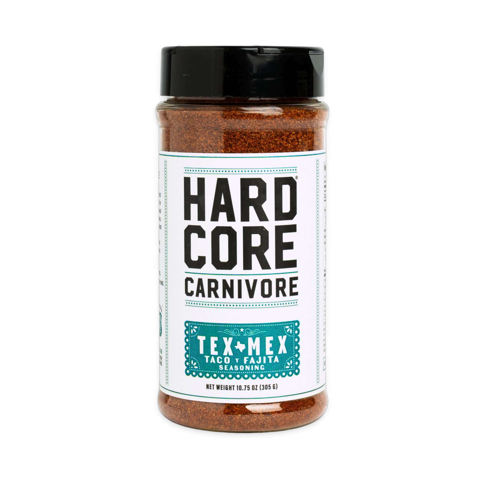 Hardcore Carnivore Tex Mex seasoning 305g shaker, front of pack on transparent background