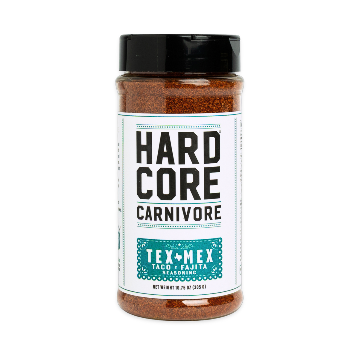 Hardcore Carnivore Tex Mex seasoning 305g shaker, front of pack on transparent background