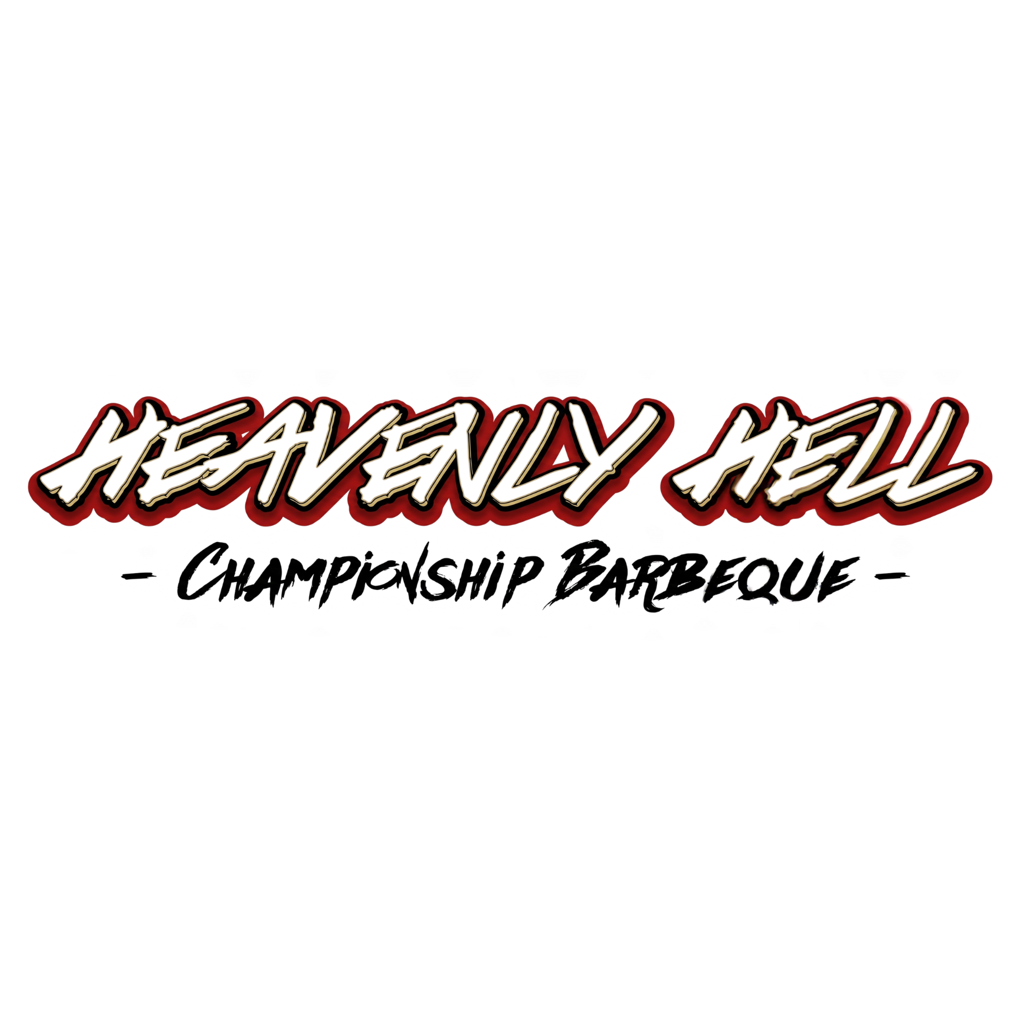 Heavenly Hell barbecue brand logo, red championship barbeque script, on transparent background