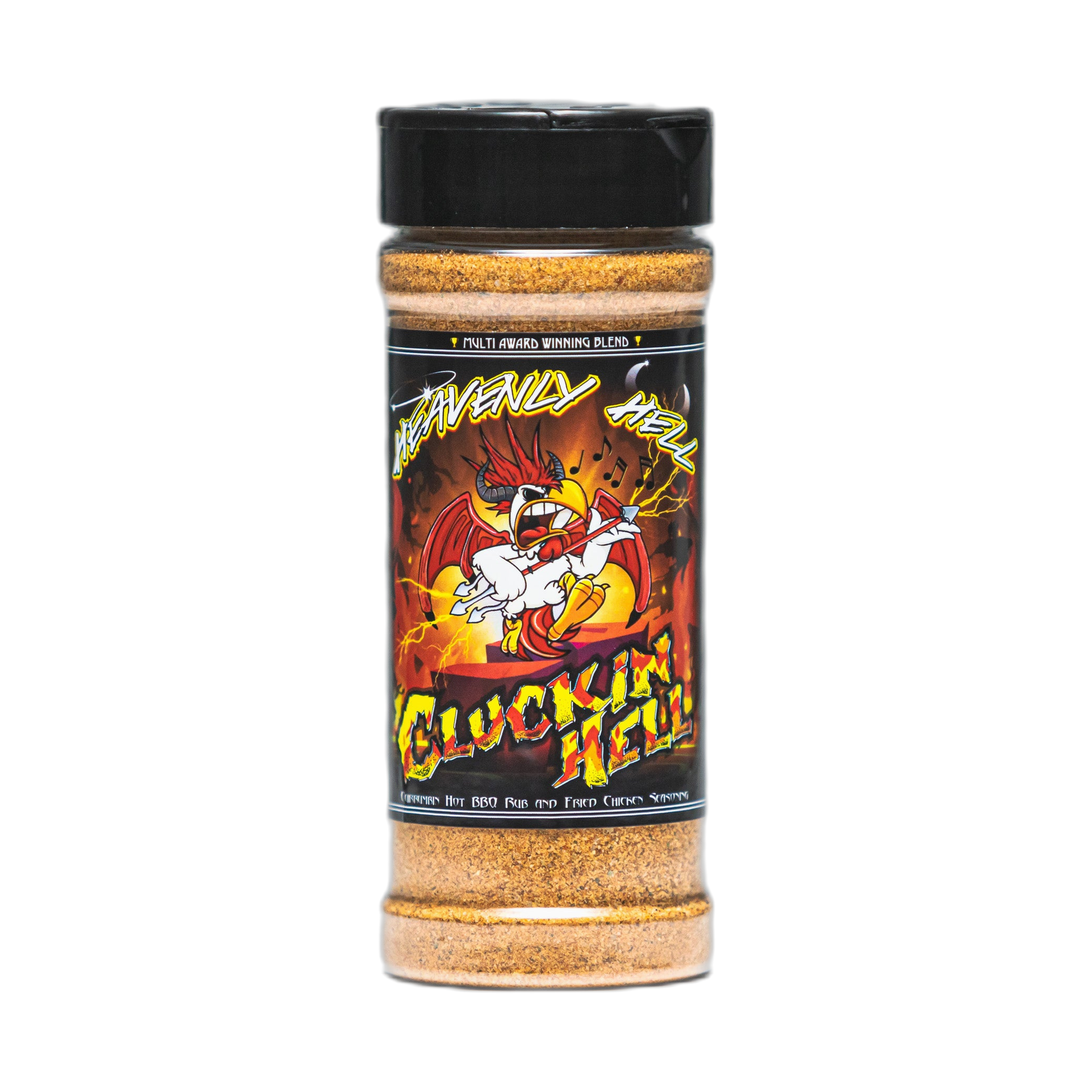 Heavenly Hell Cluckin Hell hot chicken rub 150g — front of the shaker on transparent background