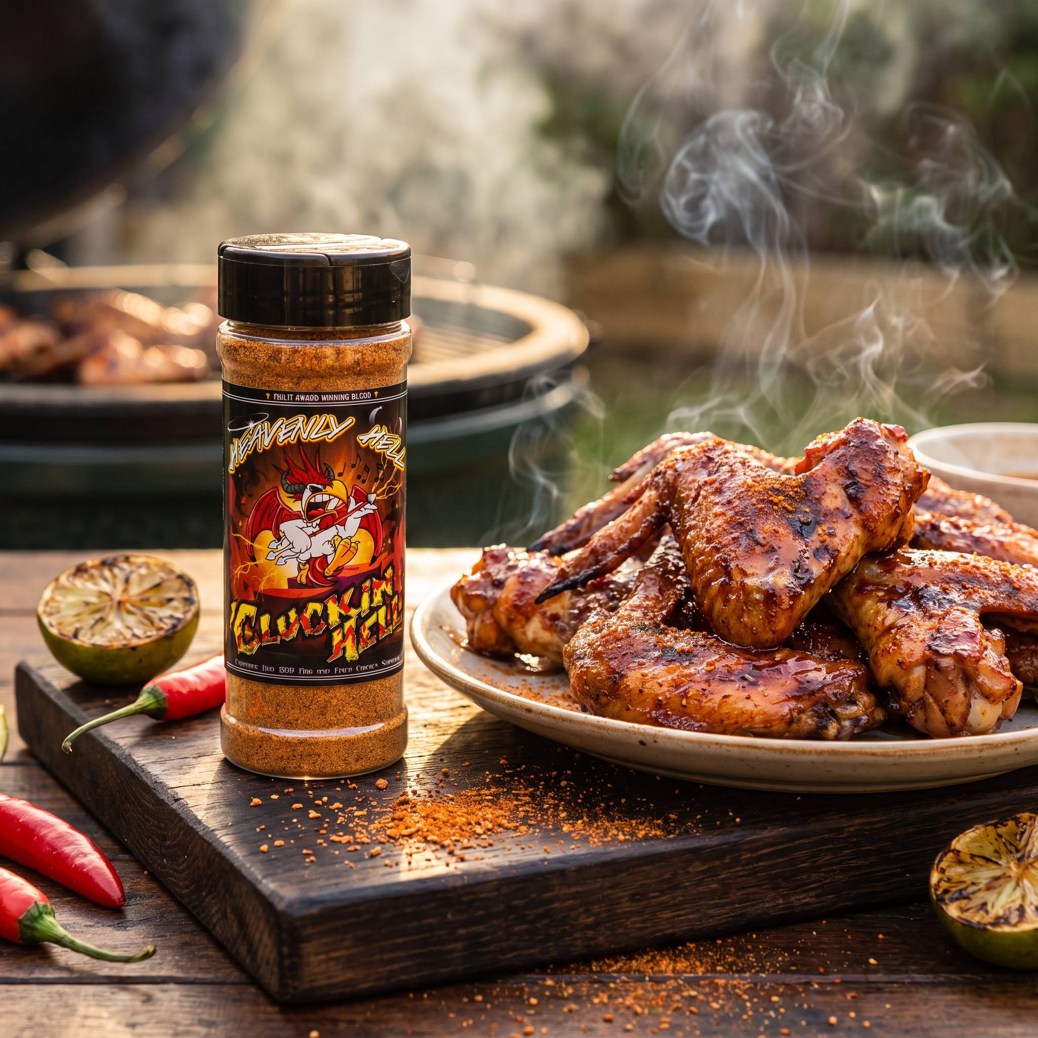 Heavenly Hell Cluckin Hell hot chicken rub 150g — shaker beside a platter of spicy grilled chicken wings on a rustic board