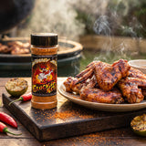 Heavenly Hell Cluckin Hell hot chicken rub 150g — shaker beside a platter of spicy grilled chicken wings on a rustic board