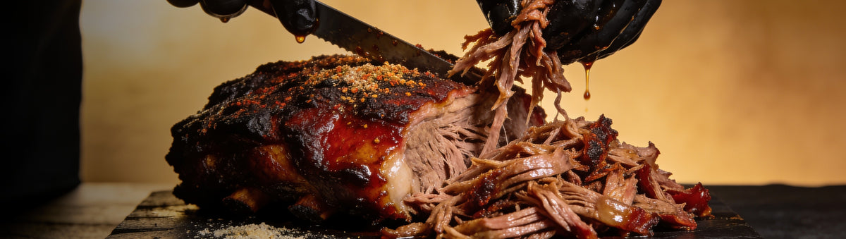 Heavenly Hell — Gloved pitmaster hands pulling apart a barked smoked pork shoulder