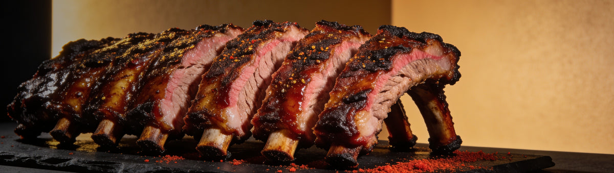 Heavenly Hell — Dry-rubbed smoked pork ribs sliced to show the smoke ring