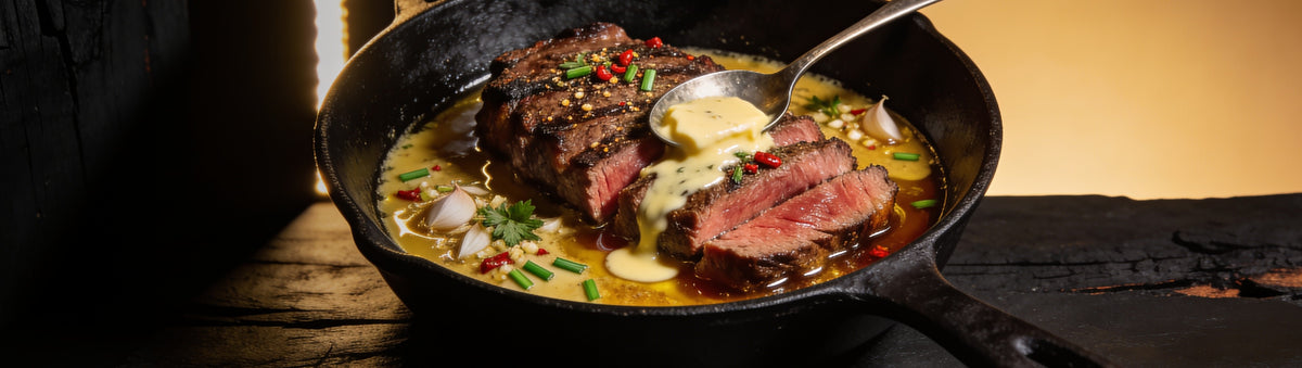Heavenly Hell — Sliced sirloin swimming in garlic cowboy butter in a skillet