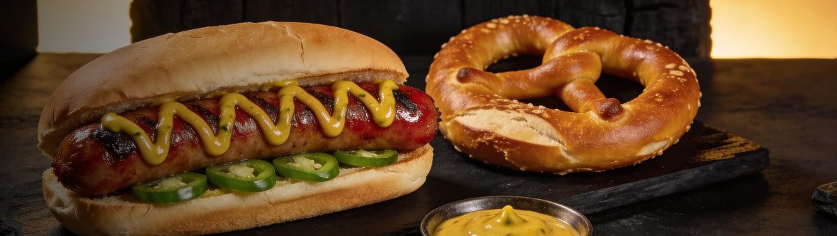 Heavenly Hell — Smoked sausage hot dog with jalapeno mustard and a pretzel