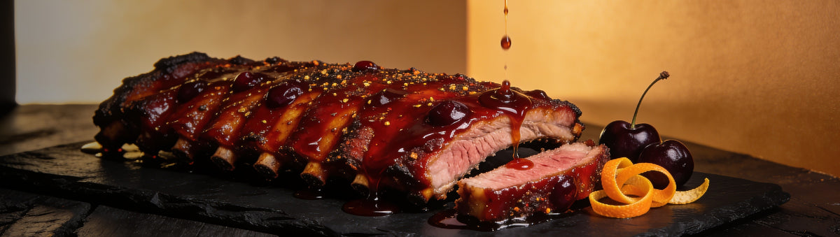 Heavenly Hell — Pork ribs lacquered in ruby cherry chipotle glaze with cherries