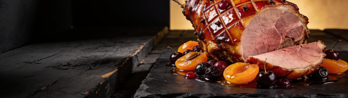 Heavenly Hell — Glazed leg ham with apricots and cherries, one slice carved