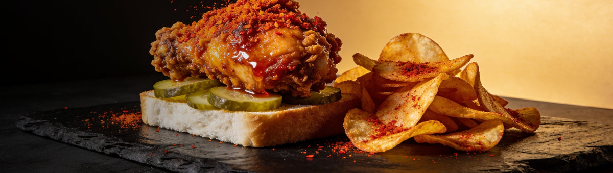 Heavenly Hell — Nashville hot fried chicken and hot chips dusted in red chilli rub