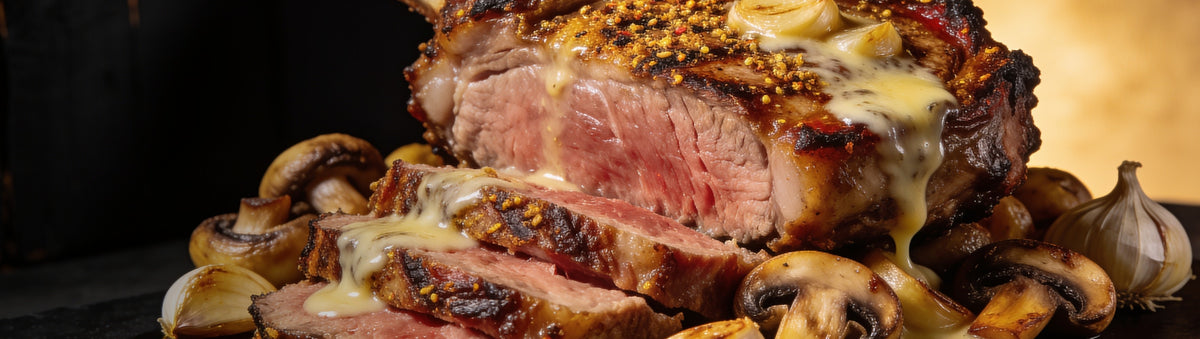 Heavenly Hell — Garlic-butter seasoned pork roast with seared mushrooms