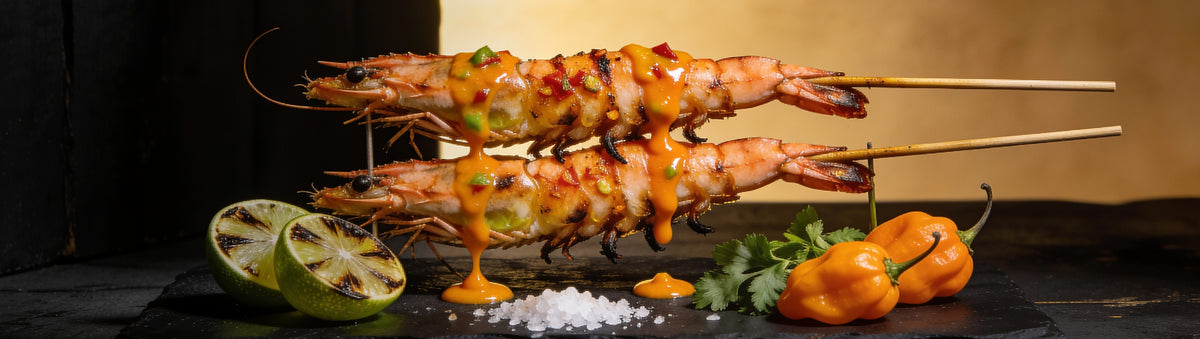 Heavenly Hell — Chilli-lime prawn skewers with habanero margarita sauce
