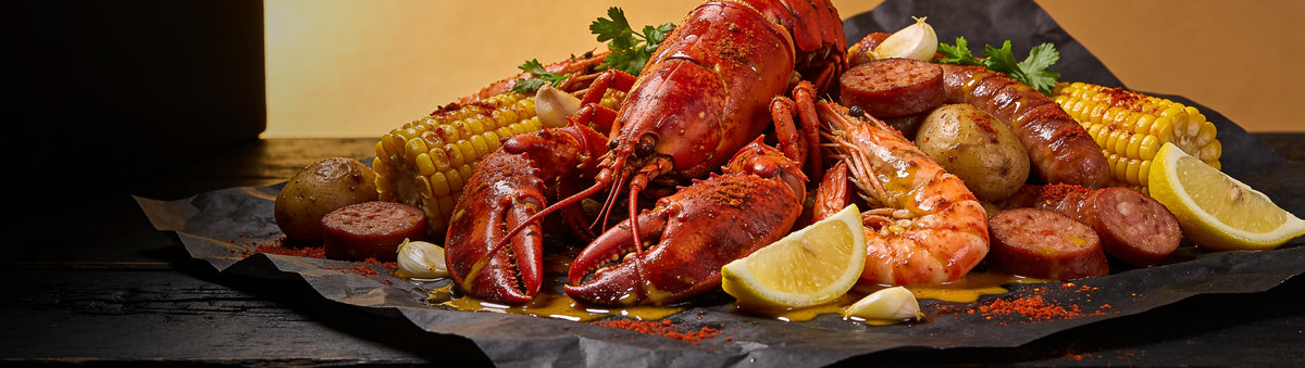 Heavenly Hell — Cajun seafood boil with crawfish, prawns, corn and sausage