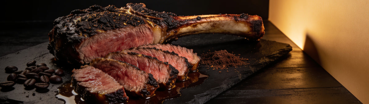 Heavenly Hell — Espresso-crusted tomahawk steak sliced rosy pink with coffee beans