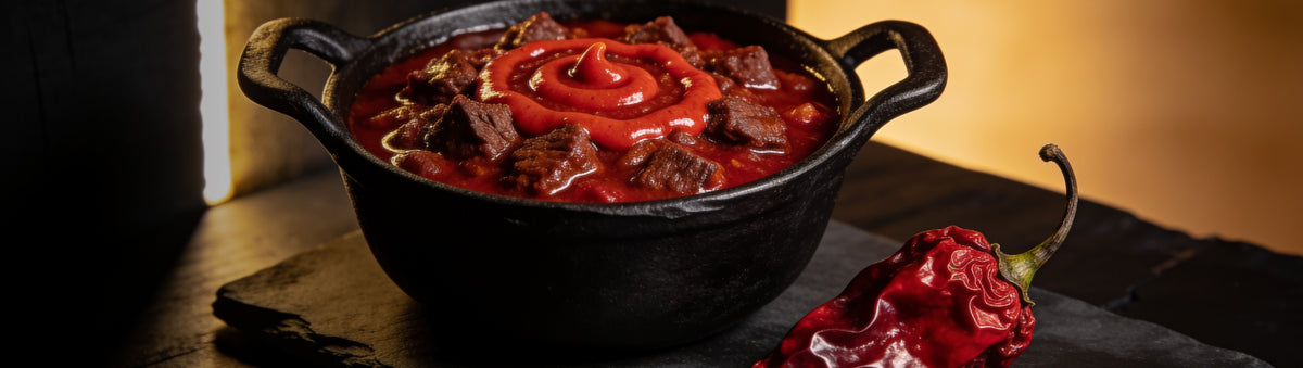 Heavenly Hell — Texas beef chilli with Carolina Reaper sauce and reaper pods