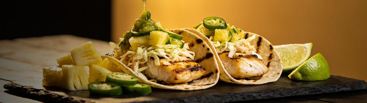 Heavenly Hell — Fish tacos with green jalapeno pineapple salsa verde