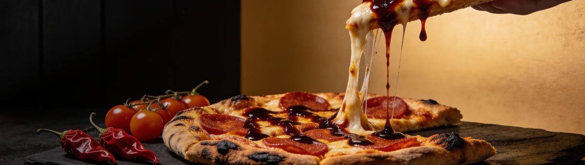 Heavenly Hell — Pepperoni pizza slice pull drizzled with cherry reaper sauce