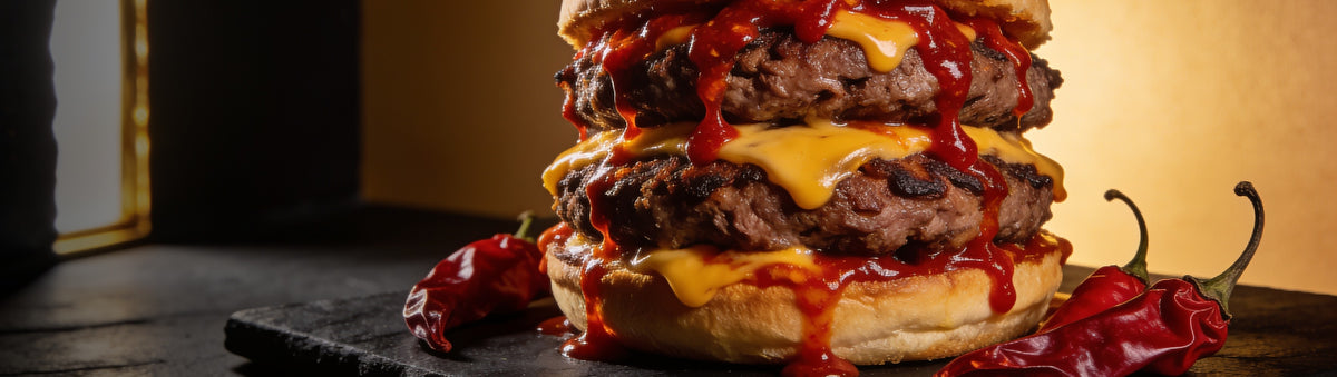 Heavenly Hell — Double smash burger dripping with Carolina Reaper sauce