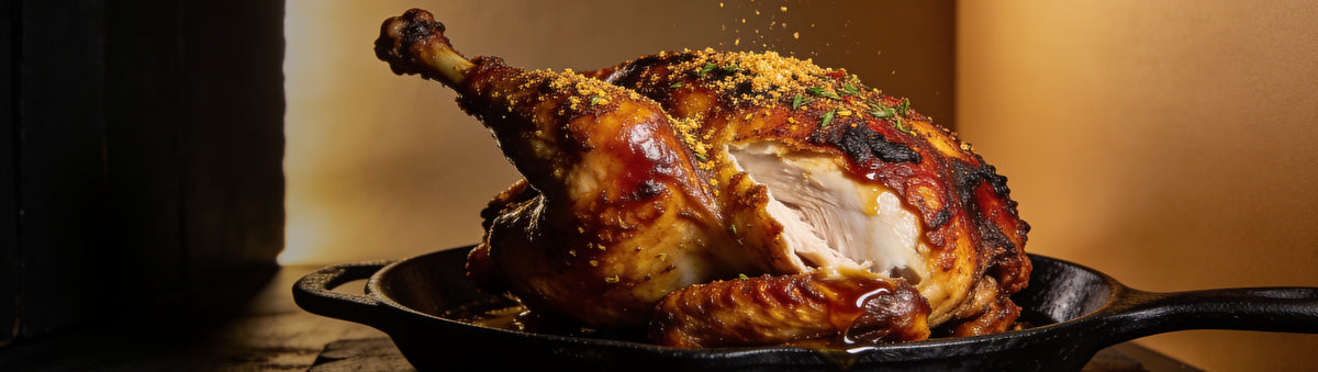 Heavenly Hell — Rock n Roll Rooster rub crusted on a golden roast chicken in cast iron