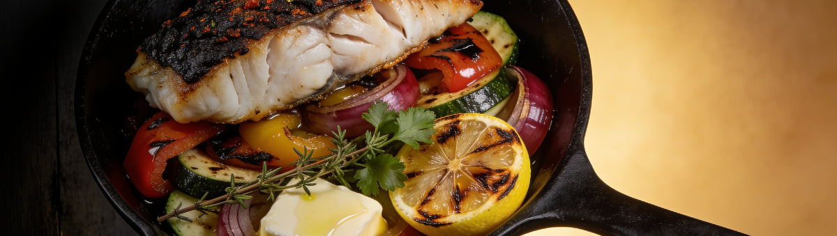 Heavenly Hell — Blackened Creole barramundi on charred vegetables in cast iron