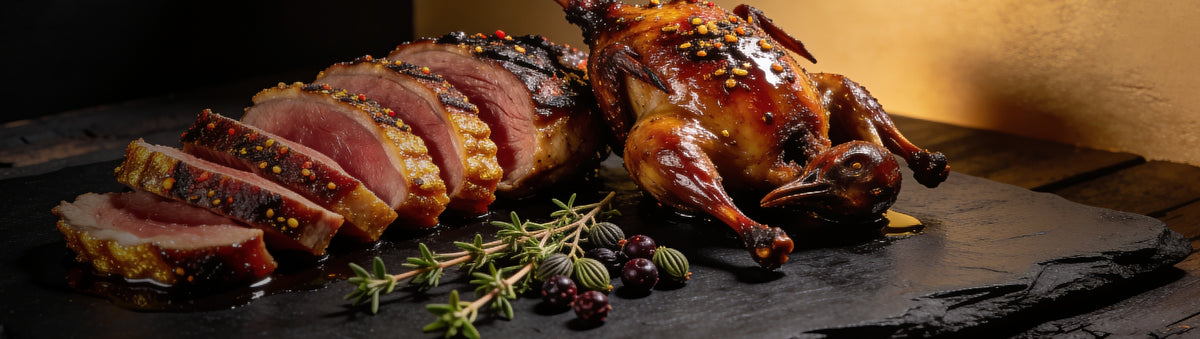 Heavenly Hell — Seasoned duck breast sliced pink beside a roasted quail