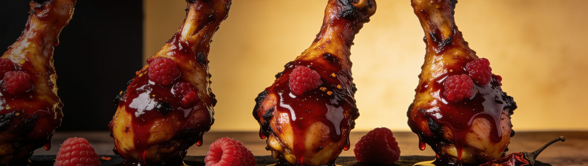 Heavenly Hell — Chicken drumsticks glazed in raspberry chipotle sauce