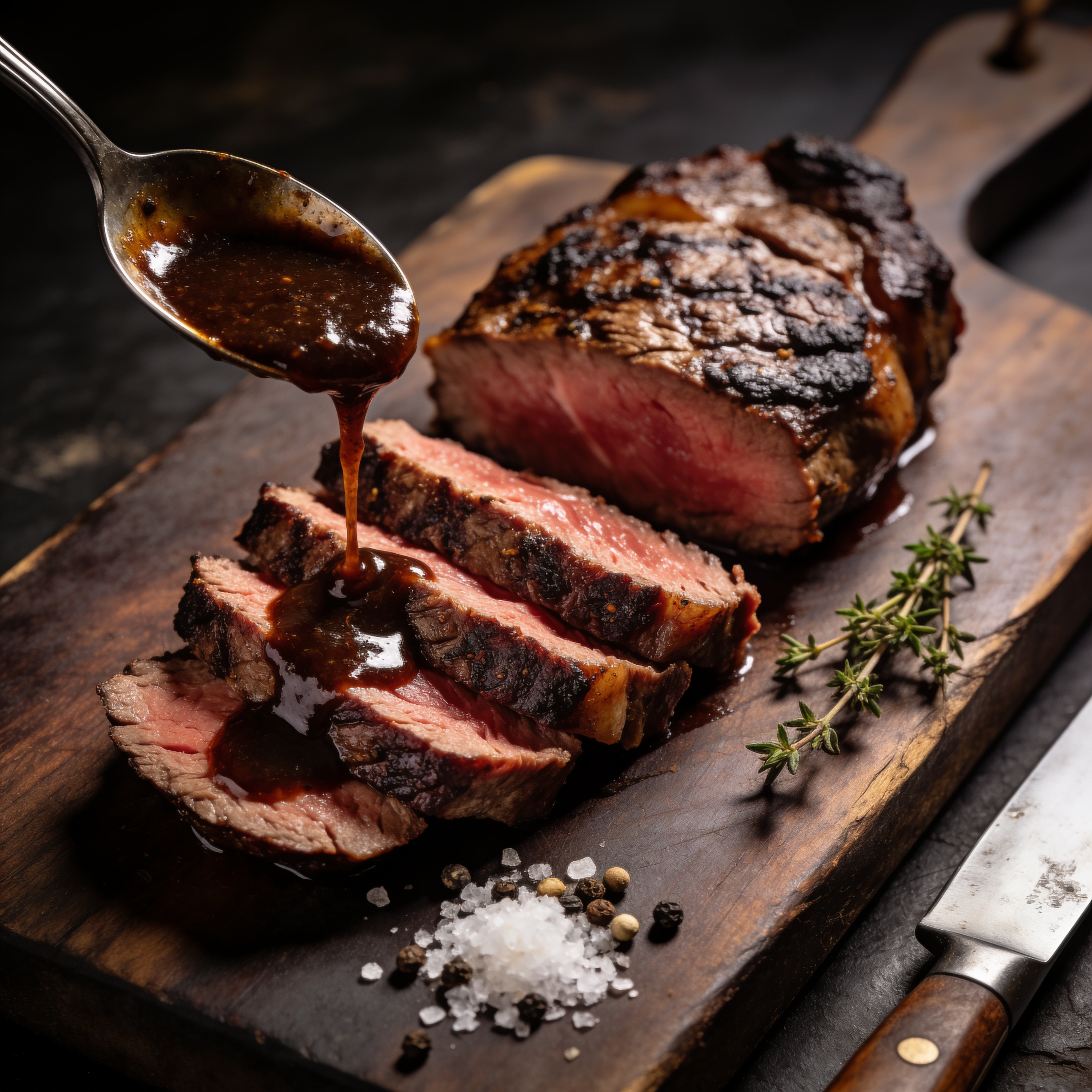High Steaks box - sliced medium-rare scotch fillet with dark steak sauce spooned over the slices
