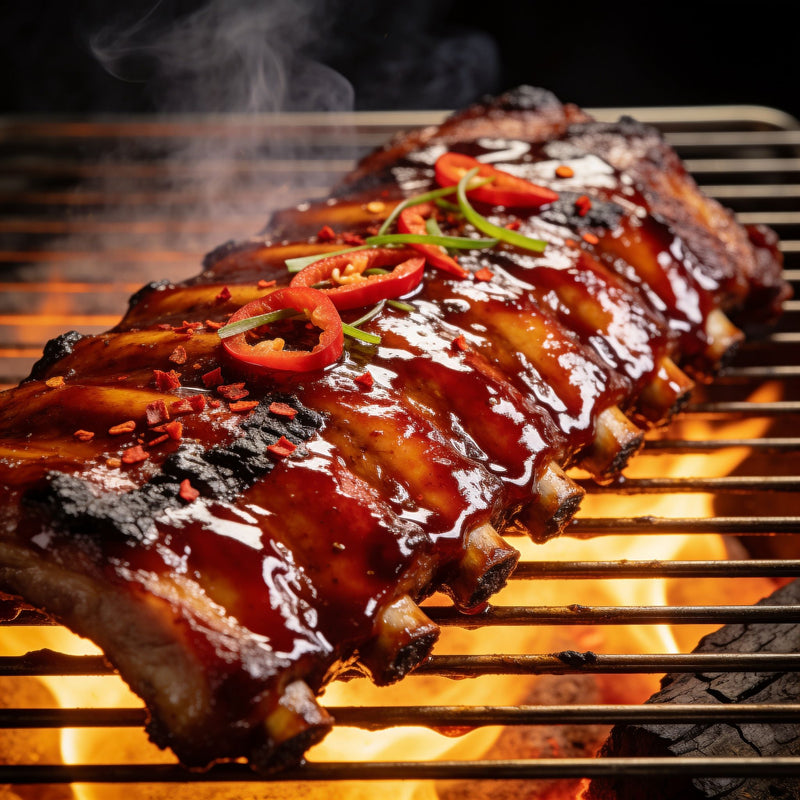 Hot BBQ Sauce category lifestyle photo - fiery glazed ribs lifestyle photo