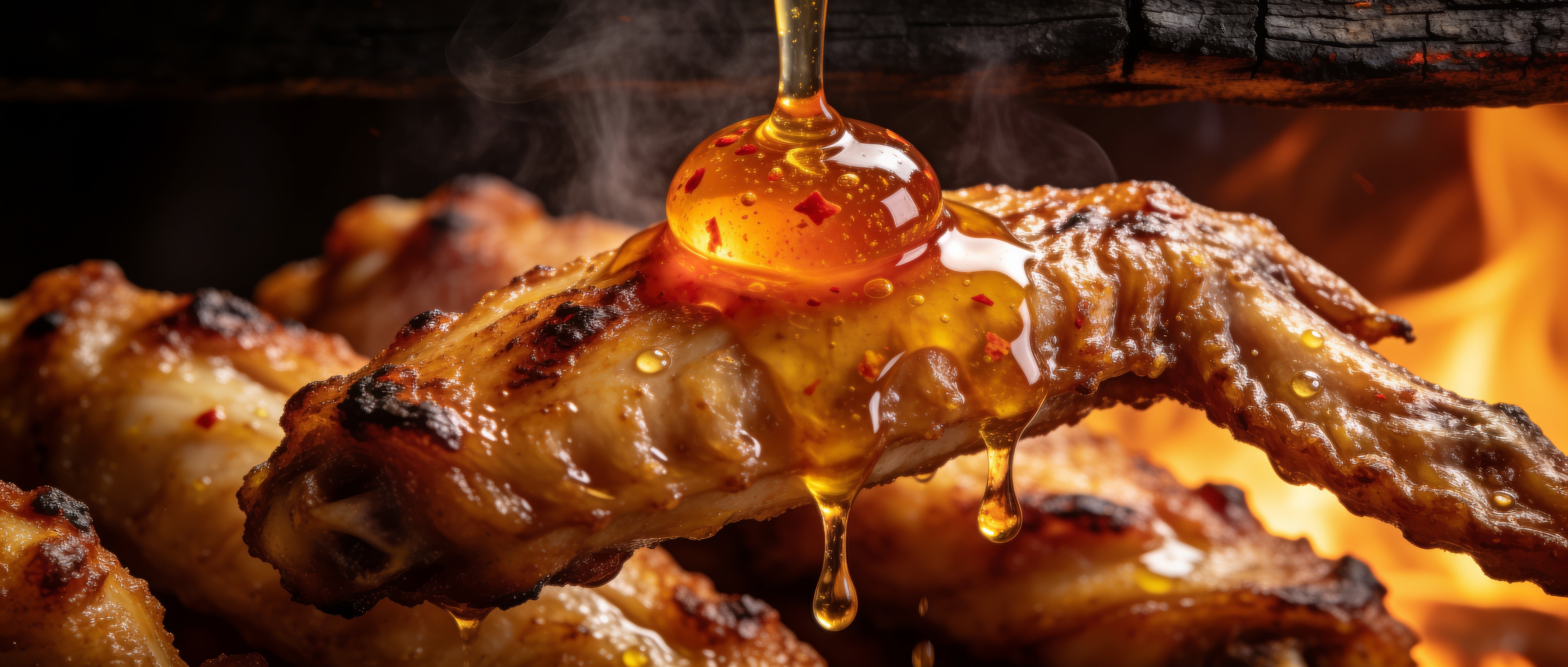 Hardcore Carnivore Hot Honey Butter Mix — glossy hot honey butter melting and dripping over a crispy fried chicken wing, macro slow-drip shot