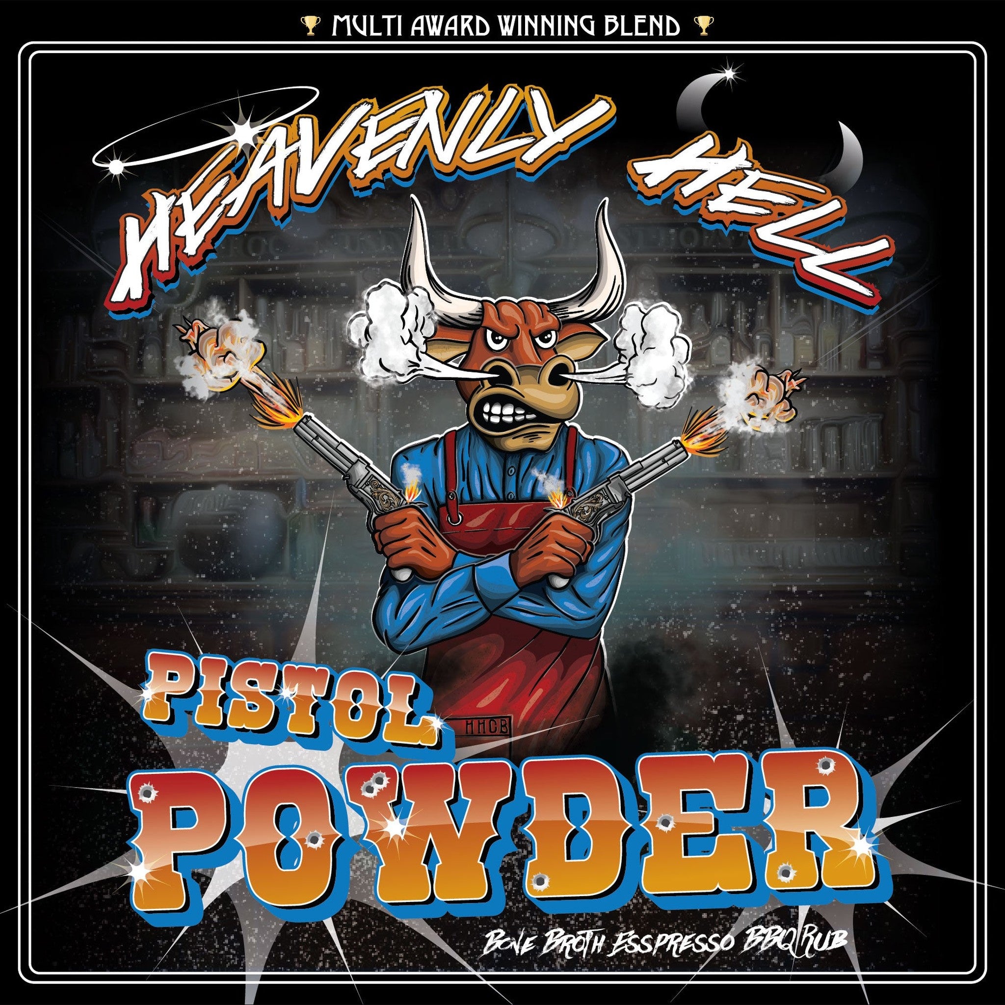 Heavenly Hell Pistol Powder espresso beef rub 150g — official label artwork