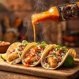Dia De Los Muertos hot sauce drizzled over zesty fish tacos