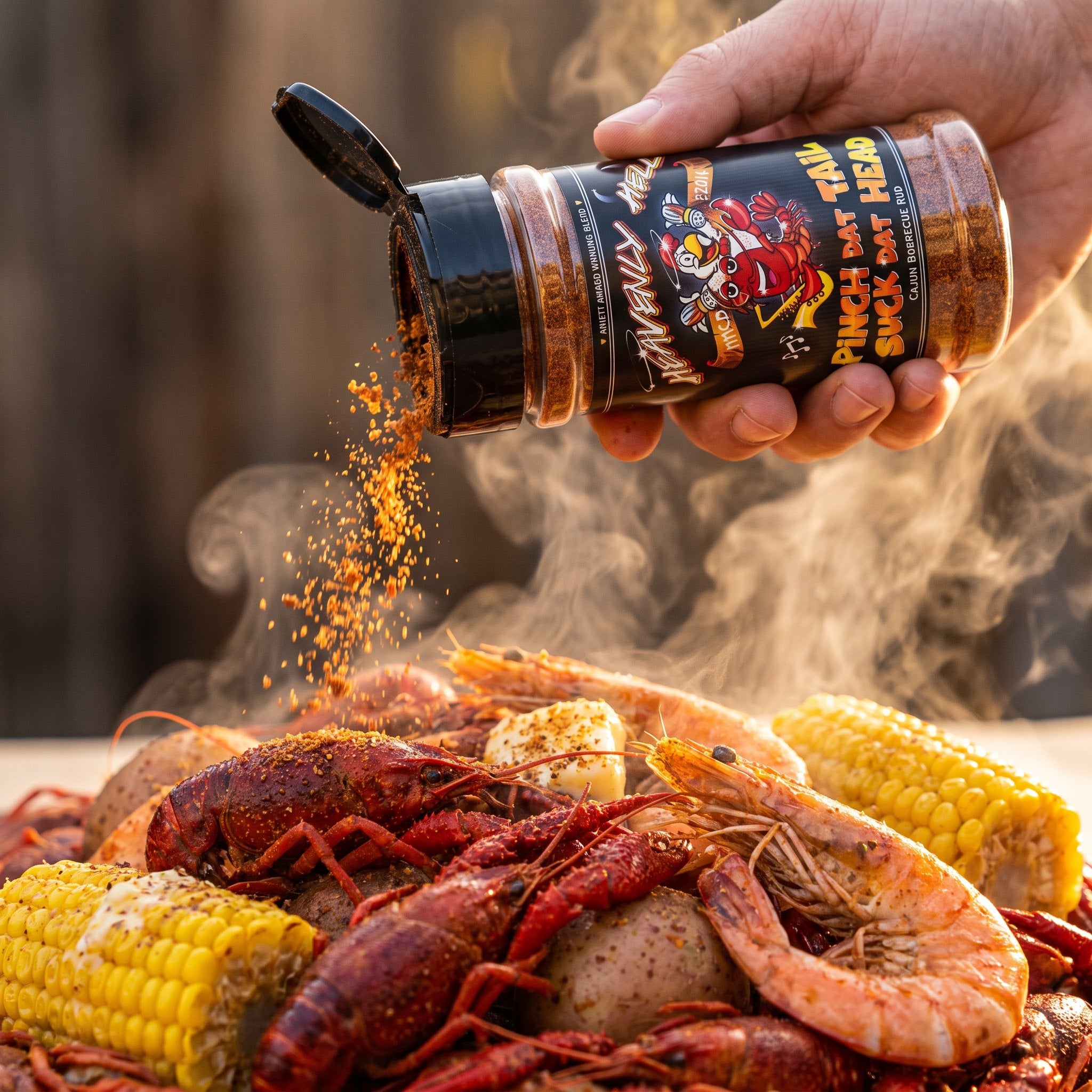 Pinch Dat Tail Cajun rub shaken over a Louisiana seafood boil