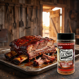 Elk Creek Texas Red rub — smoked beef short ribs with a deep red-mahogany bark