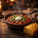 Elk Creek Texas Red rub — a rustic bowl of rich chilli con carne with cornbread