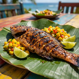 Elk Creek One Love Spice Island jerk rub — grilled snapper with jerk crust on a banana leaf with mango salsa