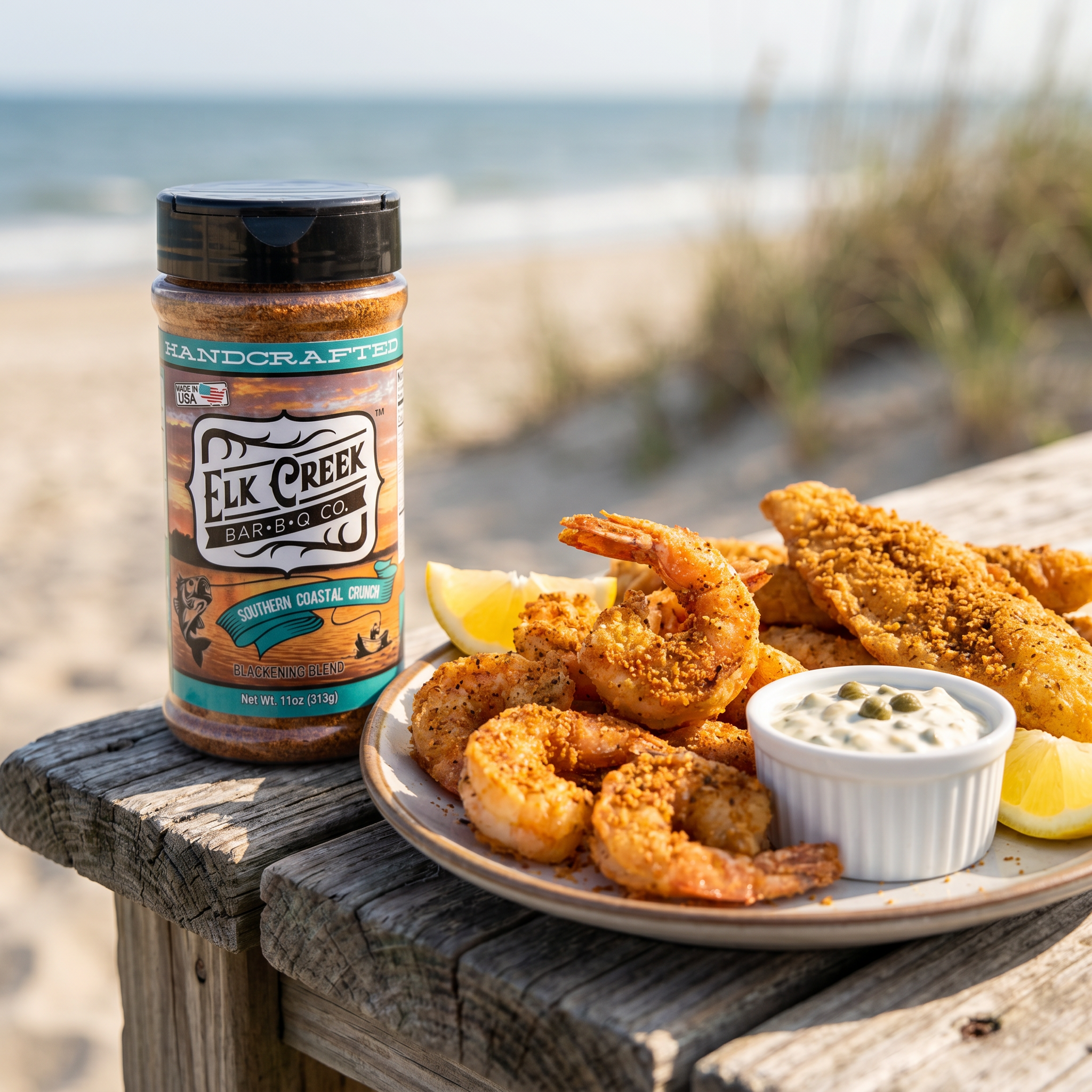 Elk Creek Southern Coastal Crunch seasoning — a platter of golden fried prawns and fish with lemon