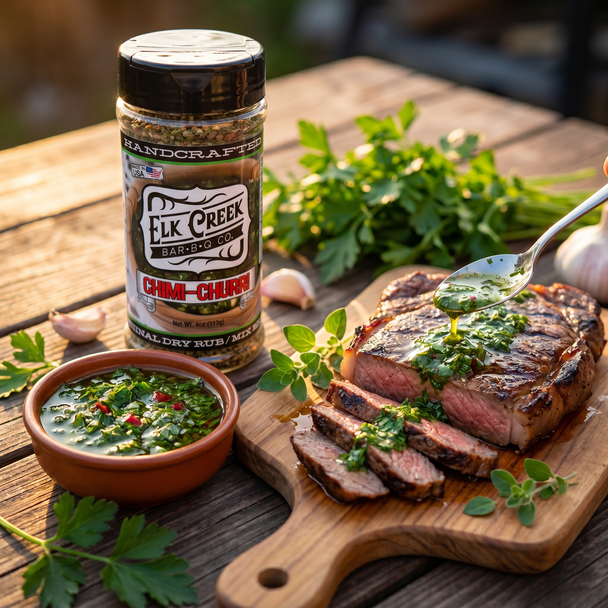 Elk Creek Chimi-Churri — sliced grilled steak spooned with fresh green chimichurri dressing