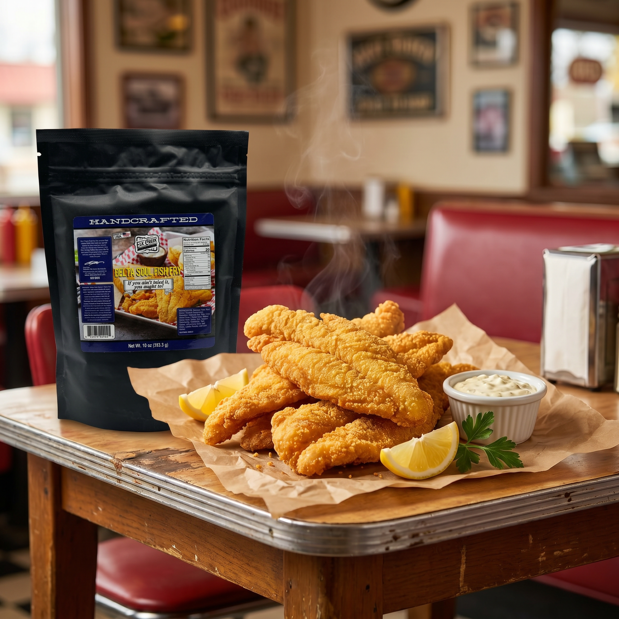 Elk Creek Delta Soul fish fry mix — golden cornmeal-crumbed fried fish fillets with lemon and tartare