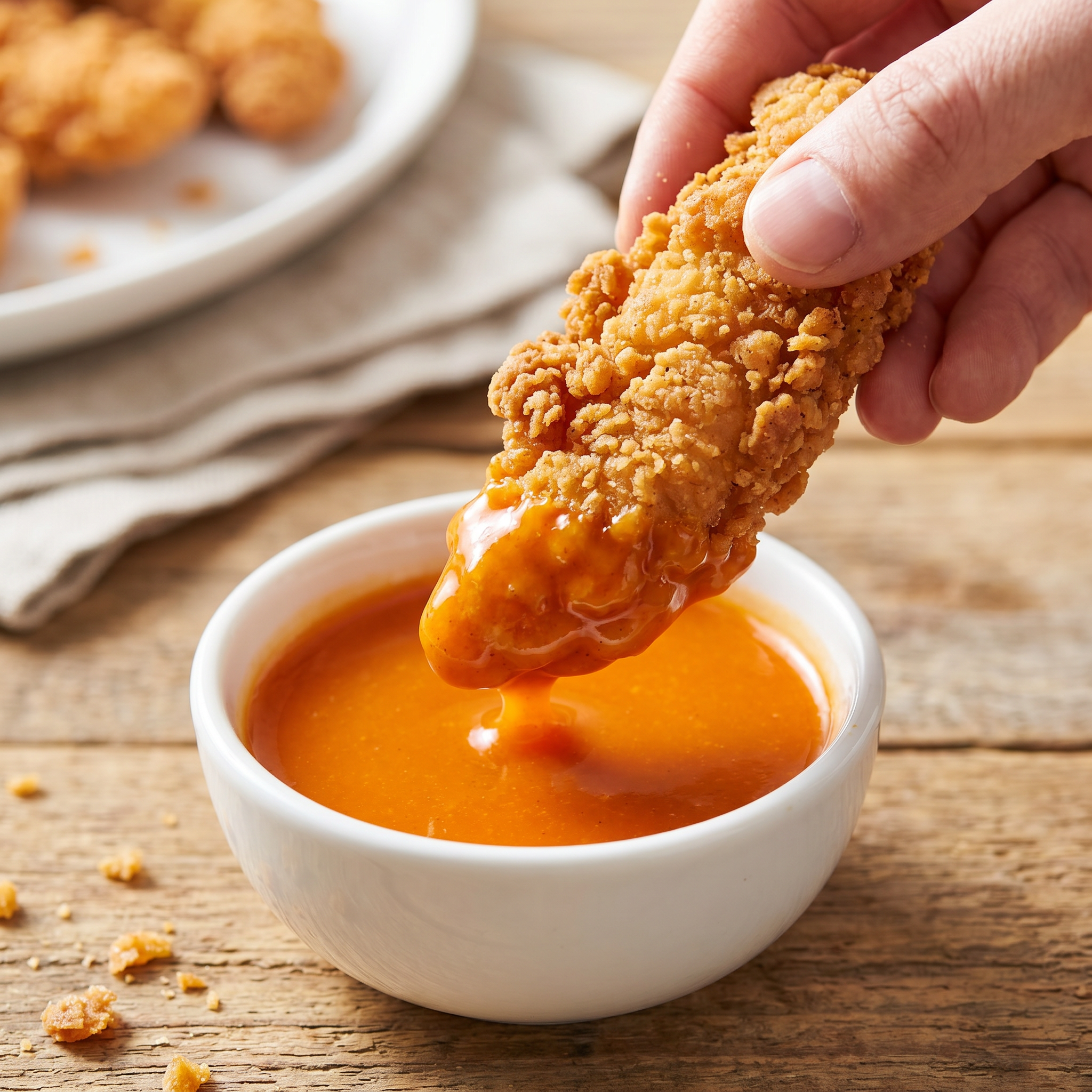 Elk Creek Country Wing sauce — a crispy chicken tender dipped into a bowl of tangy wing sauce
