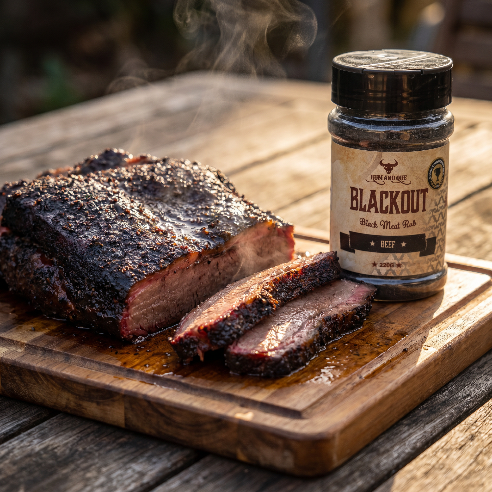 Rum and Que Blackout beef rub 220g — sliced smoked brisket with a dark savoury bark on a board
