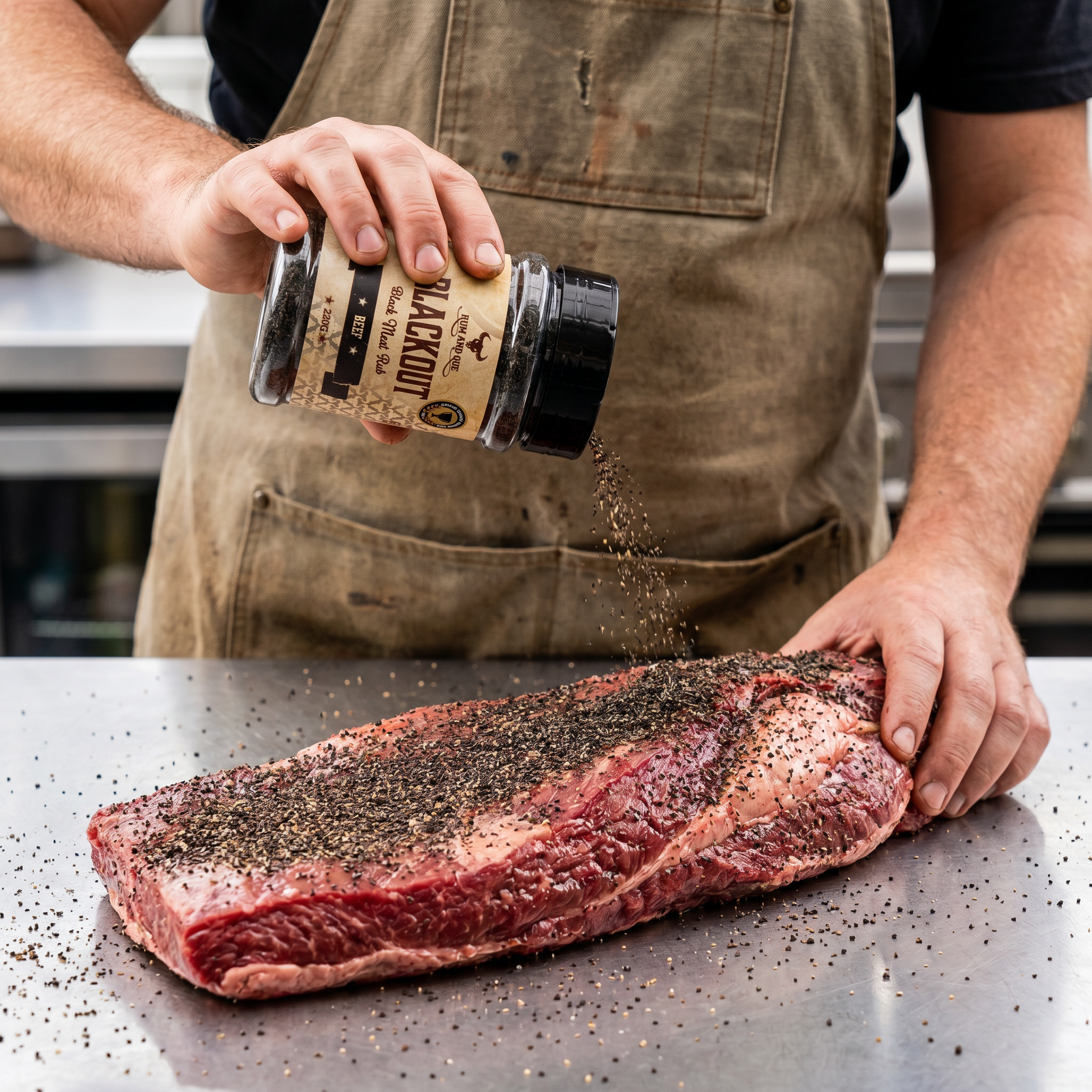 Rum and Que Blackout beef rub 220g — pitmaster seasoning a raw brisket with the dark rub