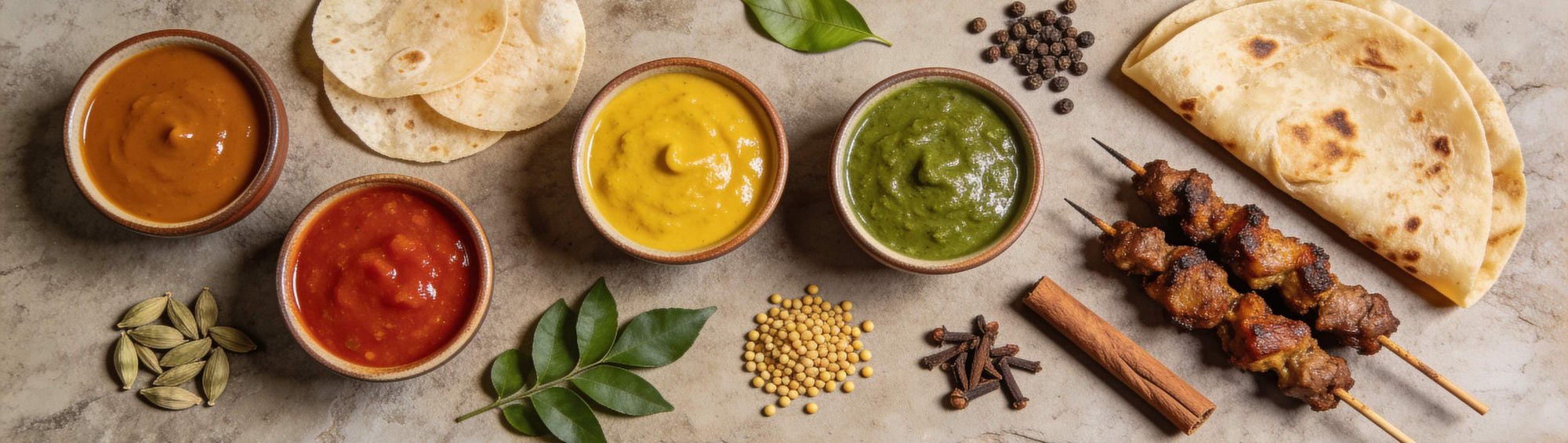 Mudgeeraba Spices Meet the Range banner background, Indian spices and condiments flat lay