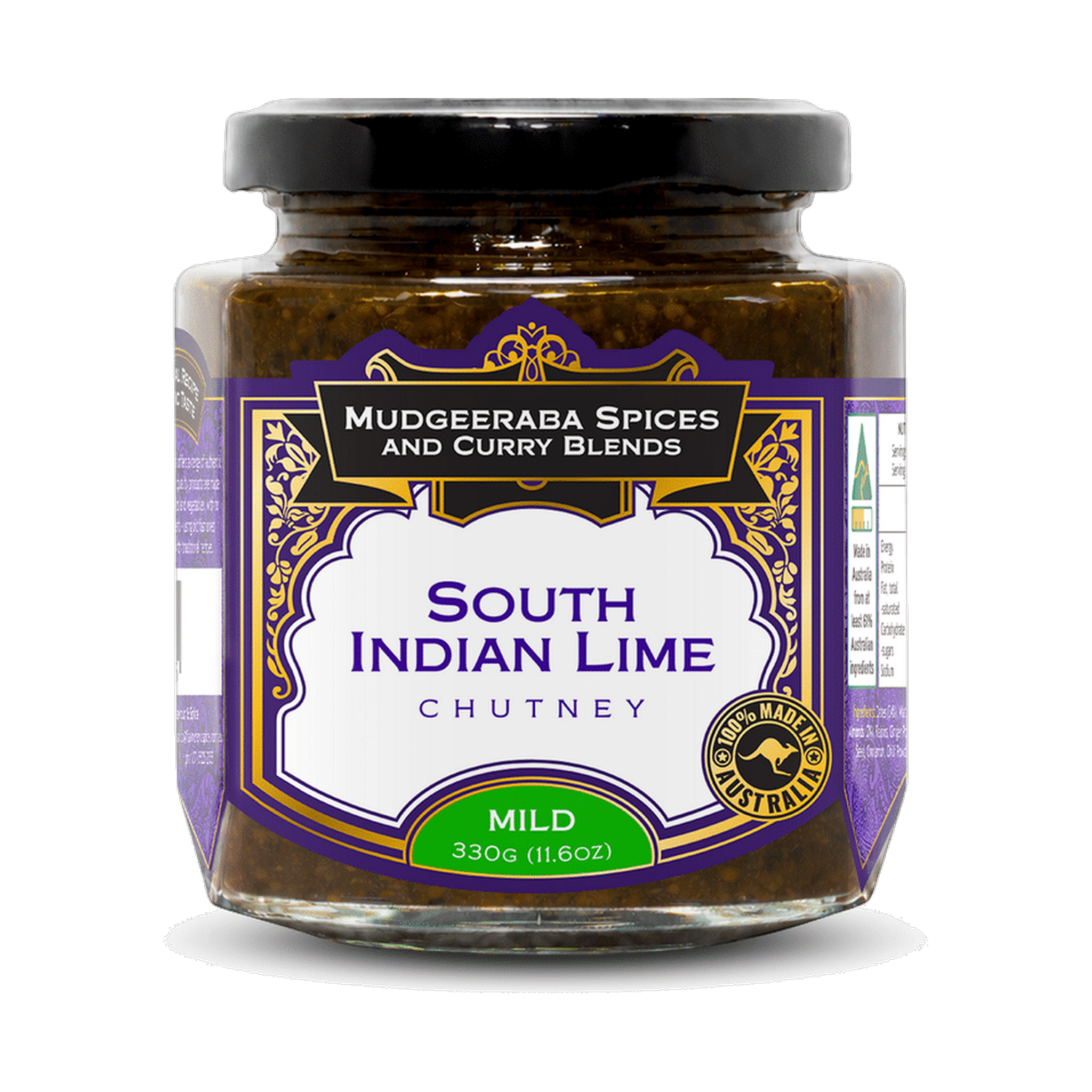 Mudgeeraba Spices South Indian Lime Chutney Mild 350g jar front