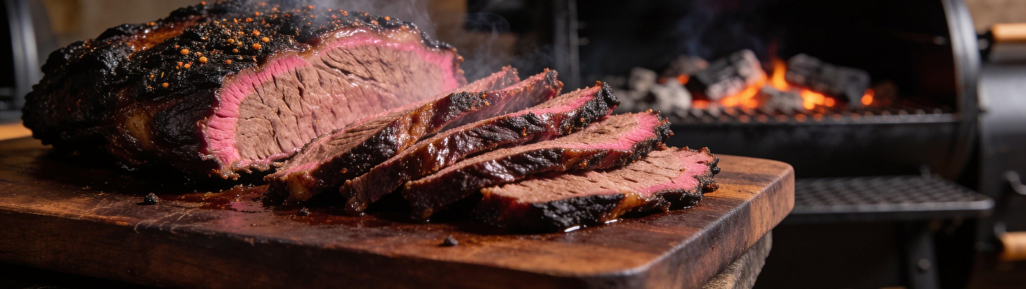 Jack Daniel's Beef Rub banner background — sliced smoked brisket with a near-black bark and visible smoke ring