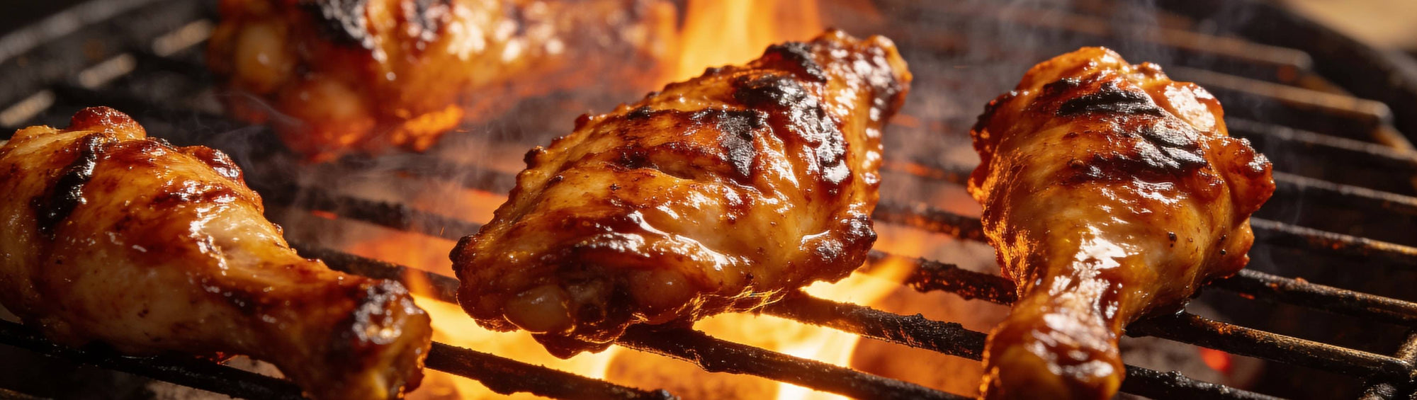 Jack Daniel's Chicken Rub banner background — glossy glazed chicken wings and drumsticks charred over fire