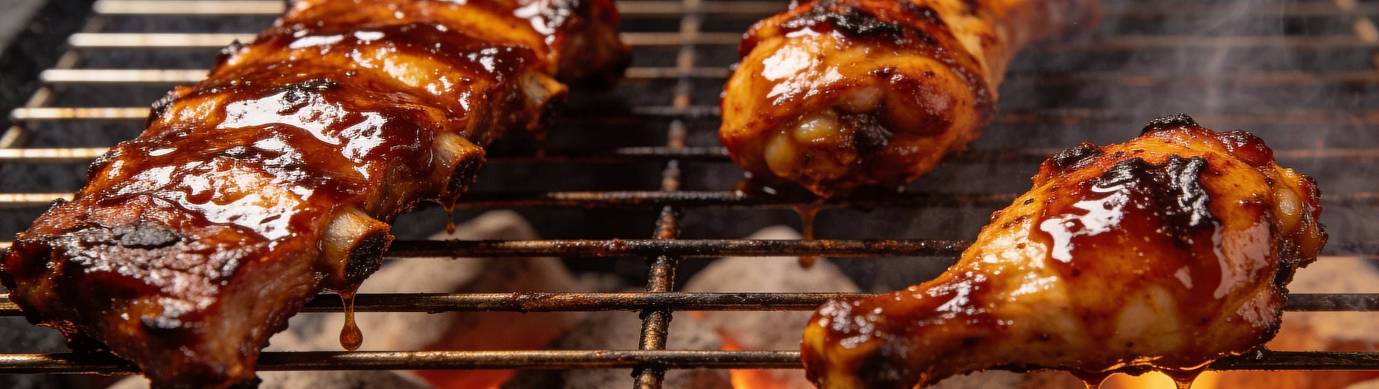 Jack Daniel's Honey BBQ Rub banner background — glossy honey-glazed pork ribs and chicken with a caramelised finish